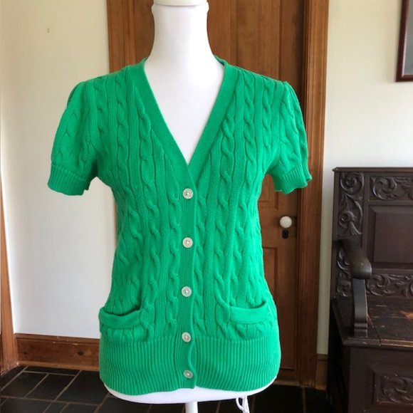 RALPH LAUREN Green Cable Short Sleeve Button Front V Neck Cotton Sweater… - Picture 3 of 17